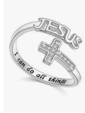 Jesus Cross Inspirational Silver Ring Adjustable Size “I can do all things”